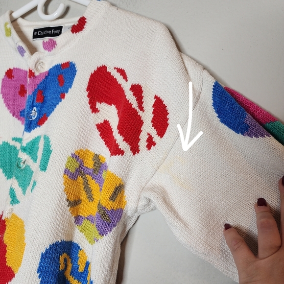 Vintage Christine Foley Heart Multi White knit button cardigan size 1 medium - Picture 2 of 16